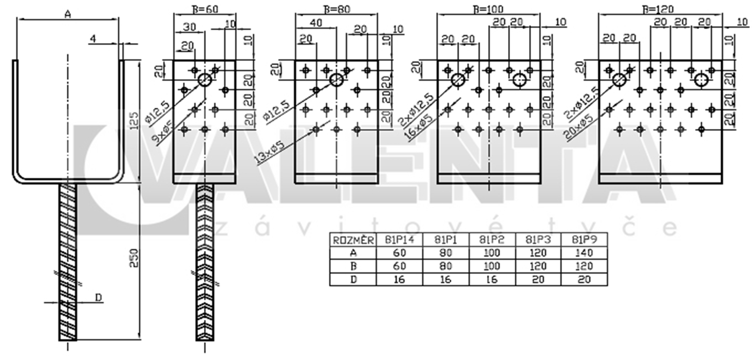 Kotevní patka do betonu 120/120 dl. trnu 250